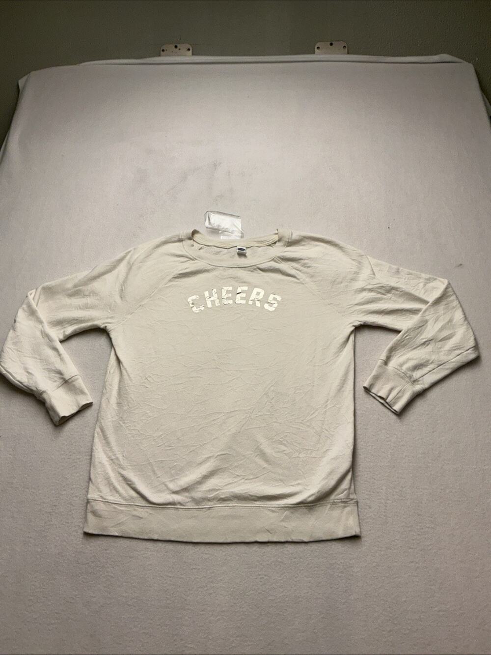 Old Navy Crewneck Sweatshirt Womens Chenille "Cheers" White Silver Size S, 4381